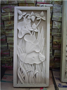 Bali White Limestone Teratai Flower Carving Relief