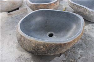 Bathroom Wash Oval Basins, Indonesia River Natural Stone Grey Stone Wash Basin, Pebbles Round Wash Basin
