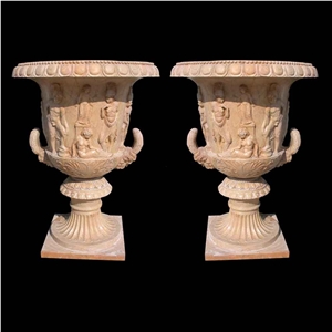 Beige Marble Garden Pedestal Planter Vase, Landscaping Pot