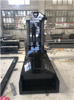 Black Granite Tombstone With Cross And Heart Decoration