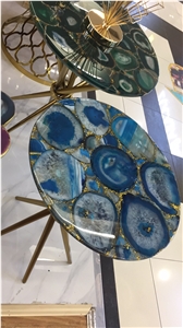 Blue Agate Semiprecous Stone Jade Side Table Tops
