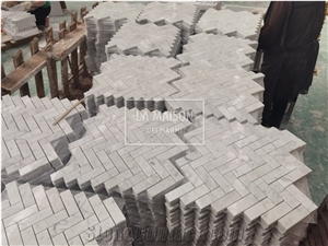 Carrara White Polished Marble Herringbone Mosaic Tile