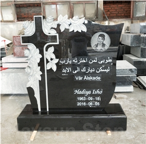 Etched Black Cross and Rose Monuments,Tombstones