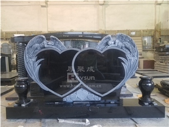 Indian Black Granite Carved Angel With Hearts Lily  Monument