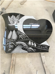 Jet Black Granite Beautiful Landscape Etching Headstone