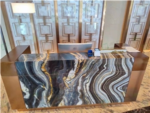 Natural Black Wood Quartzite Slab For Reception Commercial Counters