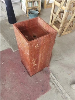 Natural  Polished Red Travertine Square Pedestal Basin