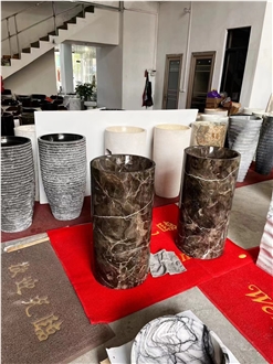 Polished Dark Emperador Marble Pedestal Wash Basins