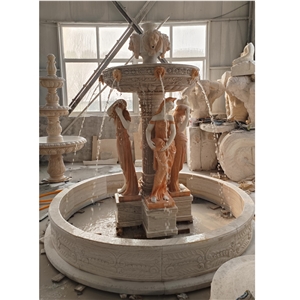 Sunset Red Marble Garden Lion Fountain Carving Marble