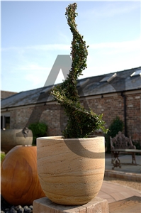 Teakwood Flower Pots and Plants Stand, Mint Yellow Sandstone Flower Pot